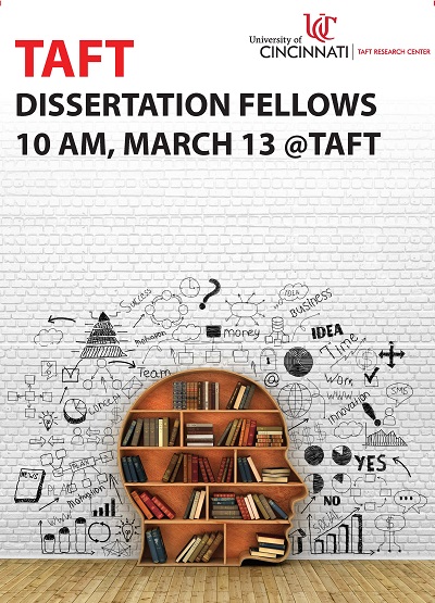 DF announce email White brick wall, red and black text, head-shaped bookshelf with books, advert for Taft Dissertation Fellows Presentations